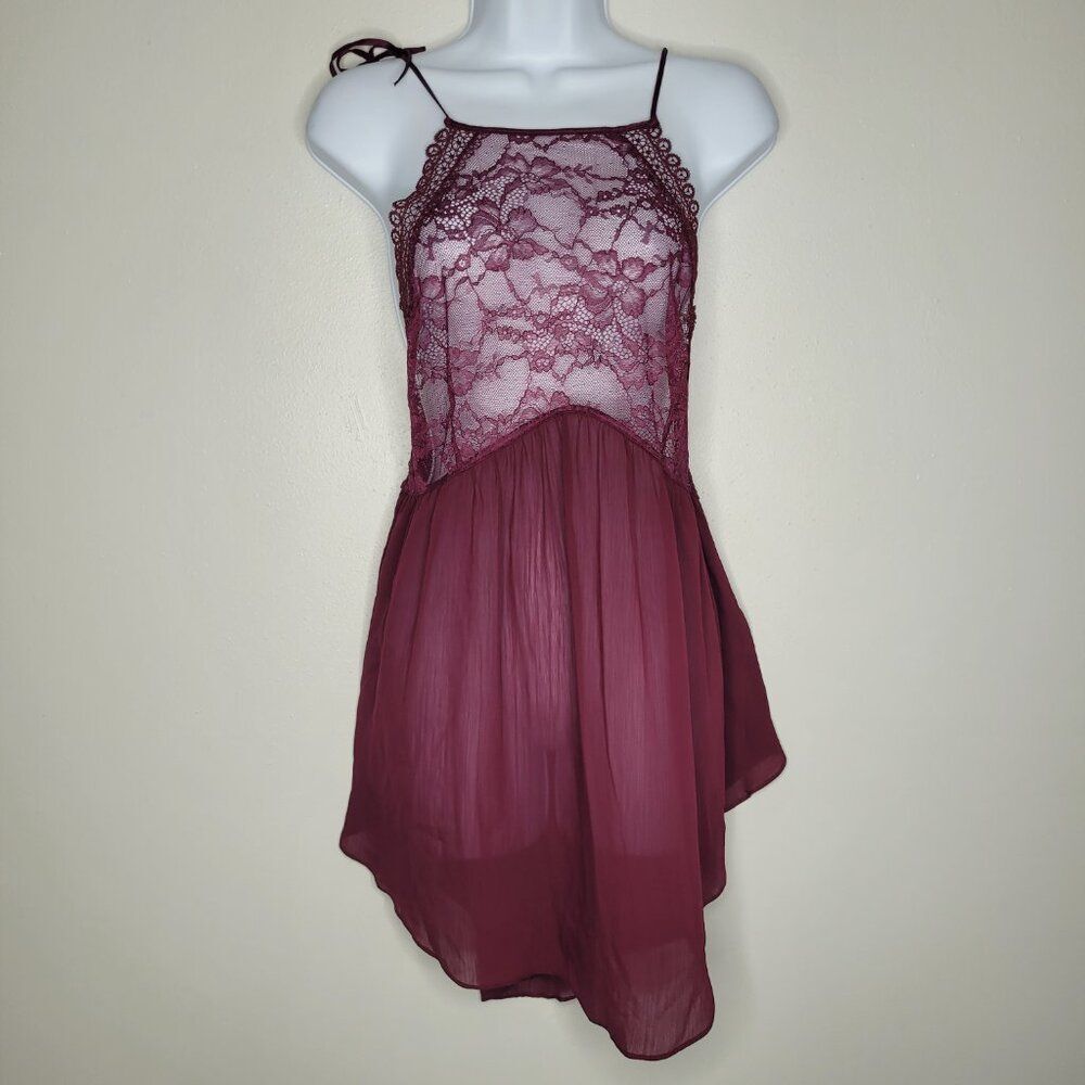 Victoria's Secret burgundy lace semi sheer slip dress tie straps size xl sexy